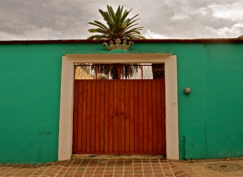 Green wall with gate with crown and palm tree.