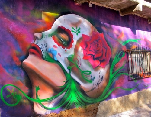 Woman's head with 3/4 white mask with large red flower