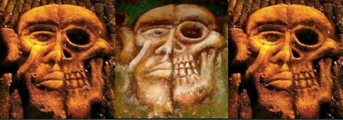 Three half alive/half skull faces