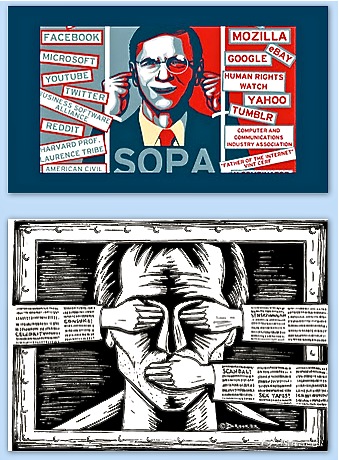Two posters: #1 listing websites going dark toda; #2 showing a face being gagged.