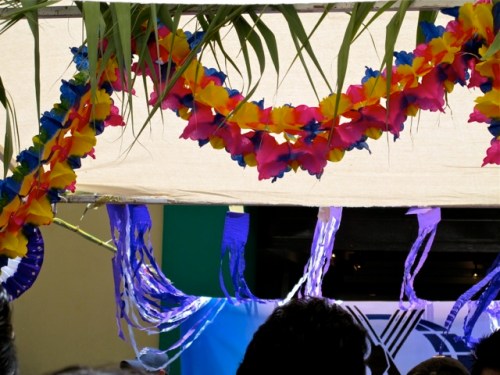 Palm fronds hanging above; purple and multicolored garlands.