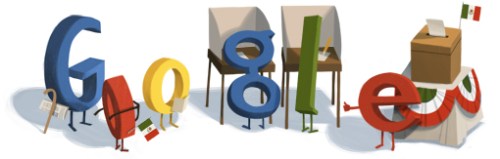 Googe doodle with voting booths, Mexican flag...