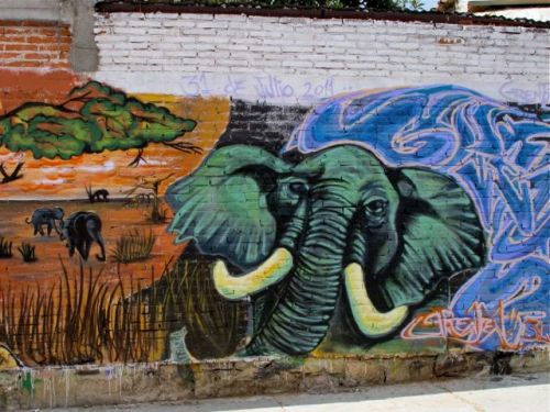 Savannah scene, with elephant in foreground, painted on wall.
