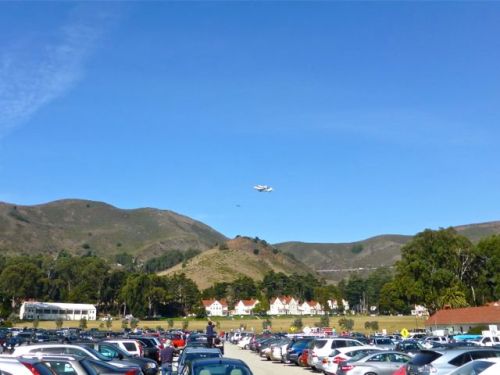 Endeavor shuttle in distance above the hills of the Marin Headlands