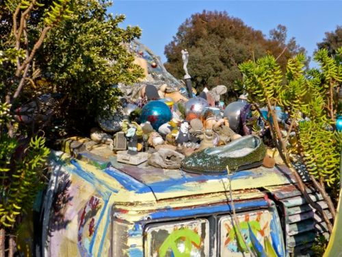 Roof of car decorated with found objects
