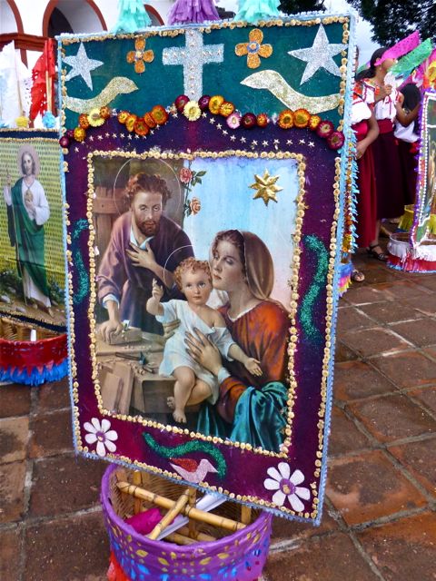 Decorated canasta with religious scene.