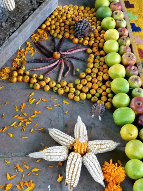Apples, corn, beans, pinecone turkeys, marigolds
