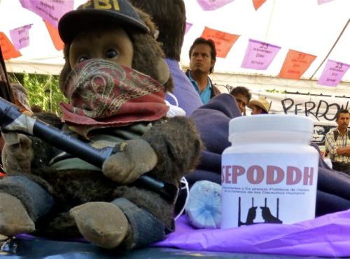Plush monkey wearing bandana across his face.