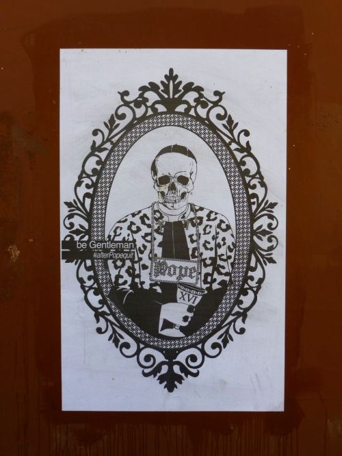Black and white skeleton portrait of pope
