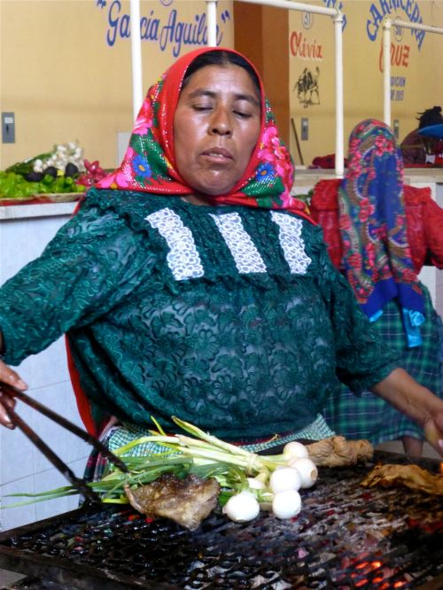 Woman grilling grilling onions & meat