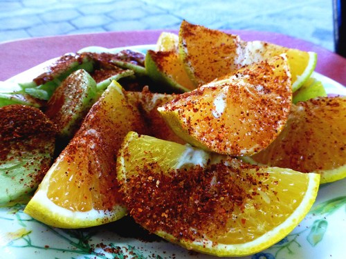 Chile spiced oranges and cucumber to cleanse the palate